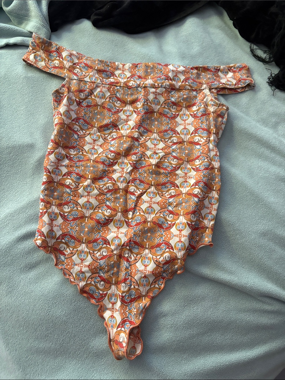 Free People Off-Shoulder One-Piece in Orange and White Pattern